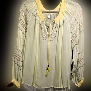 Blank London Long Sleeve Blouse Sheer Embroidered Peasant Top Sz Medium
